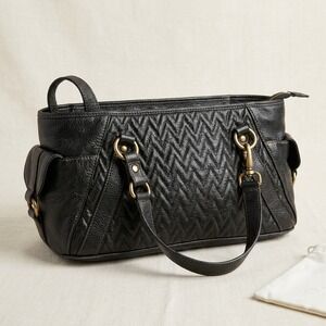 Wilsons Leather Black Quilted Chevron Satchel Shoulder Bag Brass Hardware